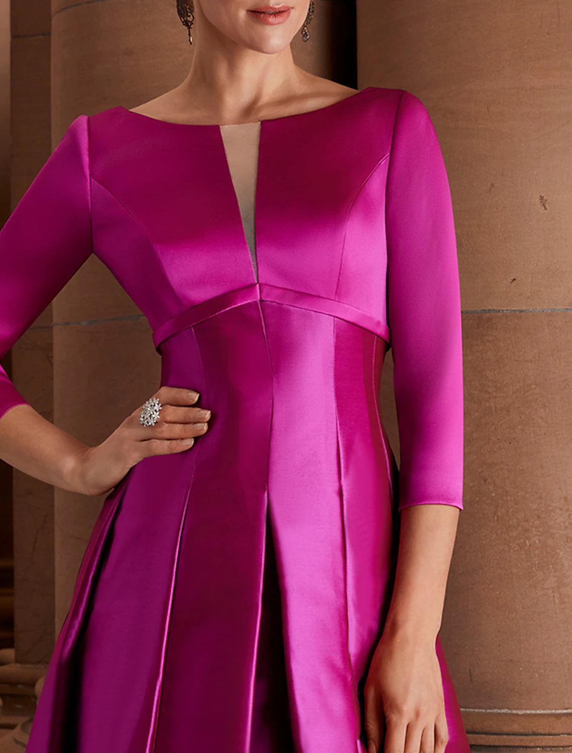 Wholesale A-Line Cocktail Dresses Minimalist Dress Party Dress Wedding Guest Tea Length 3/4 Length Sleeve Jewel Neck Fall Wedding Guest Satin with Pleats